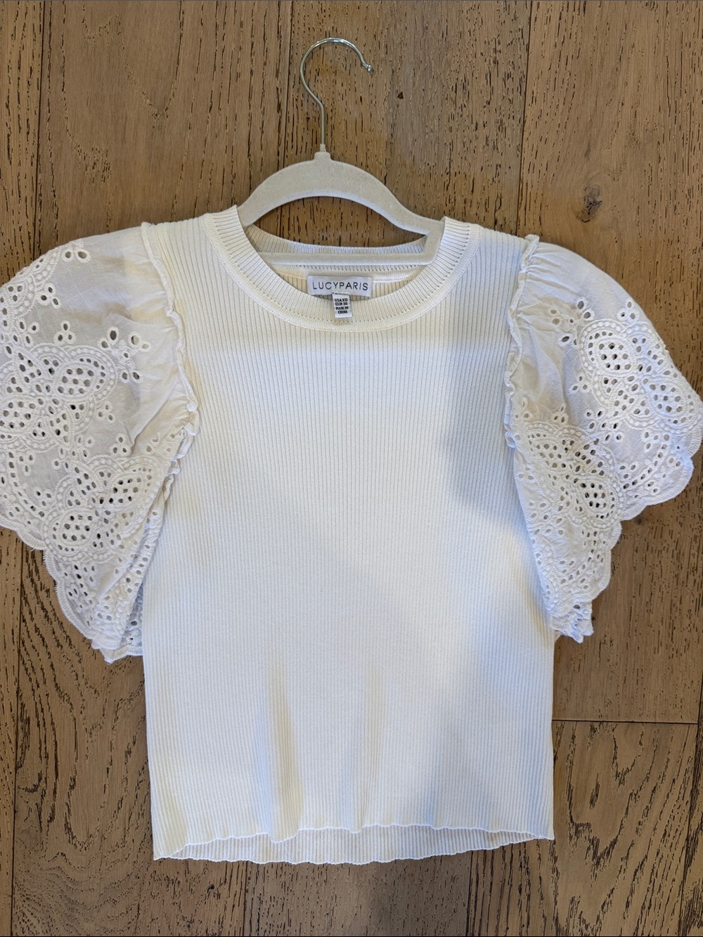 Lucy Paris White Ribbed Tee with Eyelet Puff Sleeves